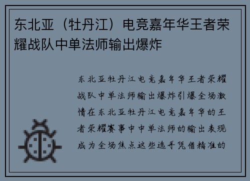 东北亚（牡丹江）电竞嘉年华王者荣耀战队中单法师输出爆炸