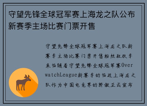 守望先锋全球冠军赛上海龙之队公布新赛季主场比赛门票开售